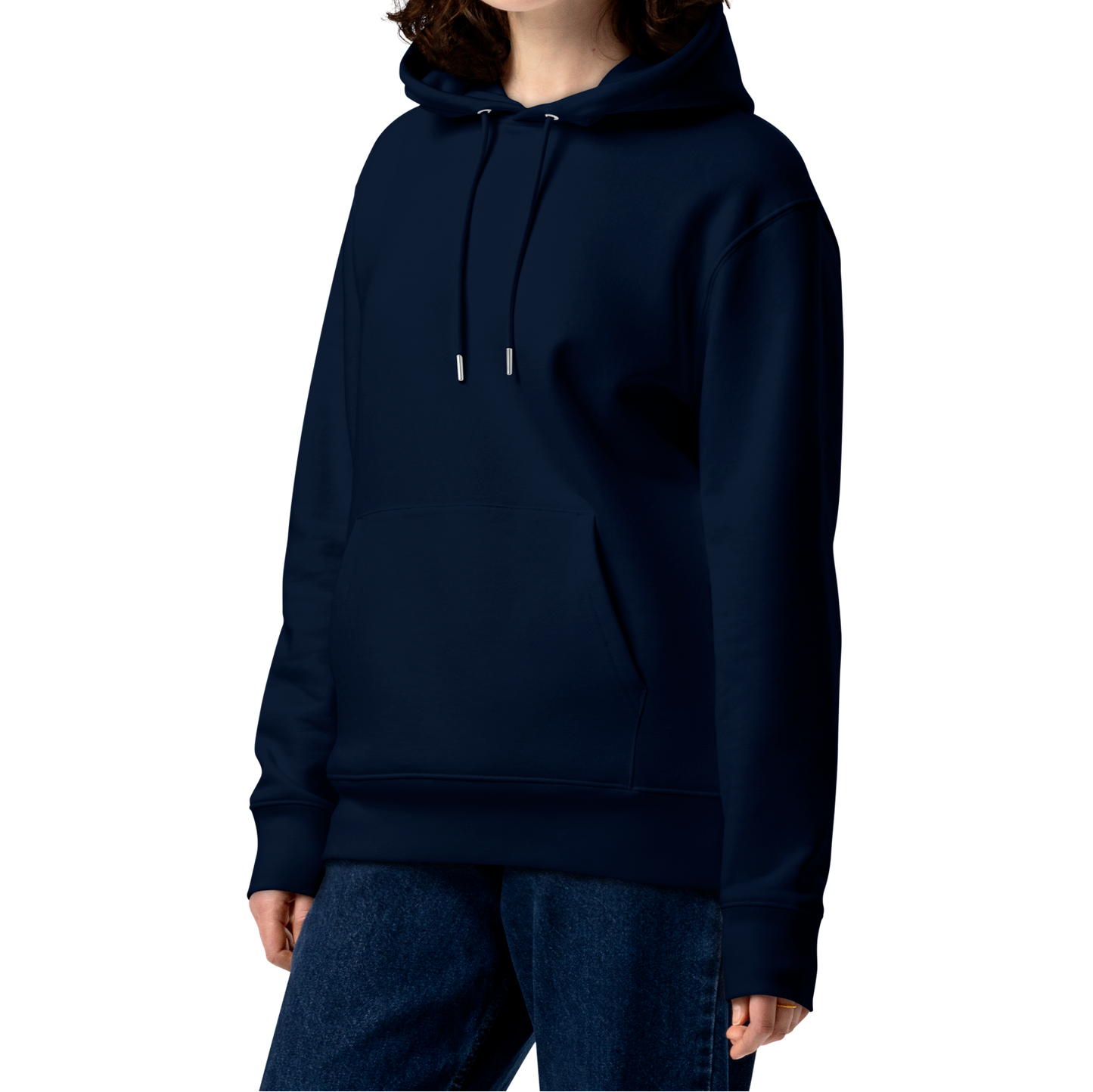 Person wearing a navy blue certified organic hoodie on a white background