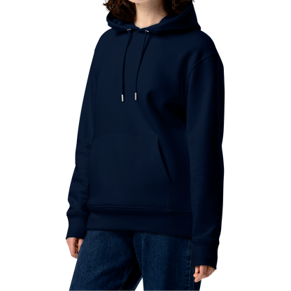 Person wearing a navy blue certified organic hoodie on a white background