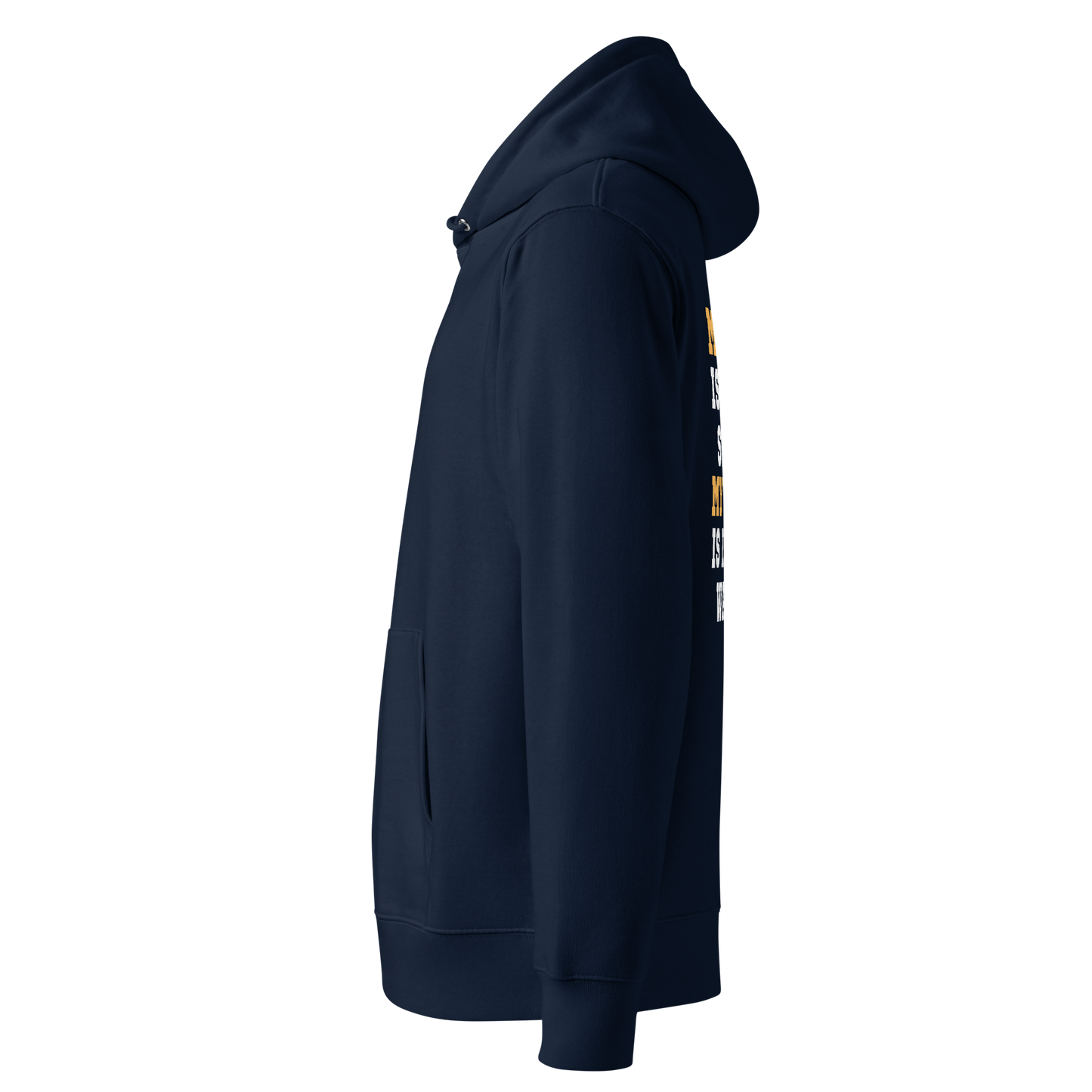 Navy blue swim mom organic hoodie with swim themed text - left side against a white background