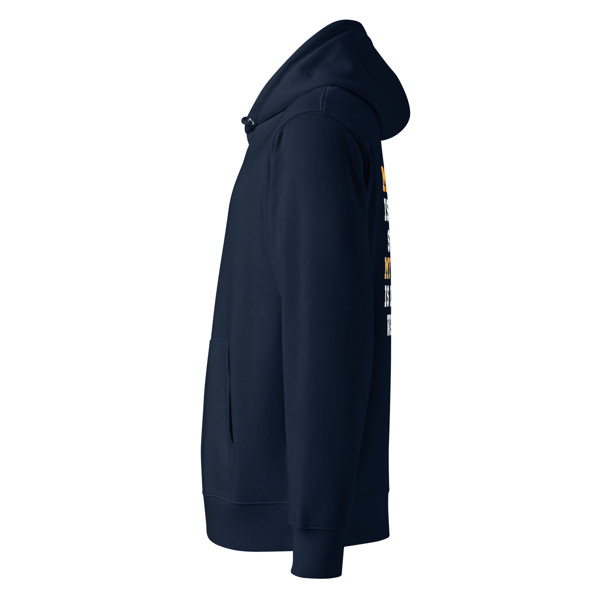 Navy blue swim mom organic hoodie with swim themed text - left side against a white background