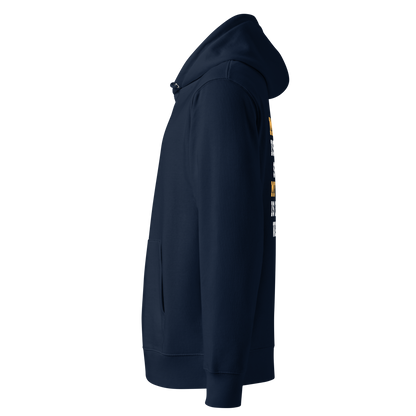 Navy blue swim mom organic hoodie with swim themed text - left side against a white background