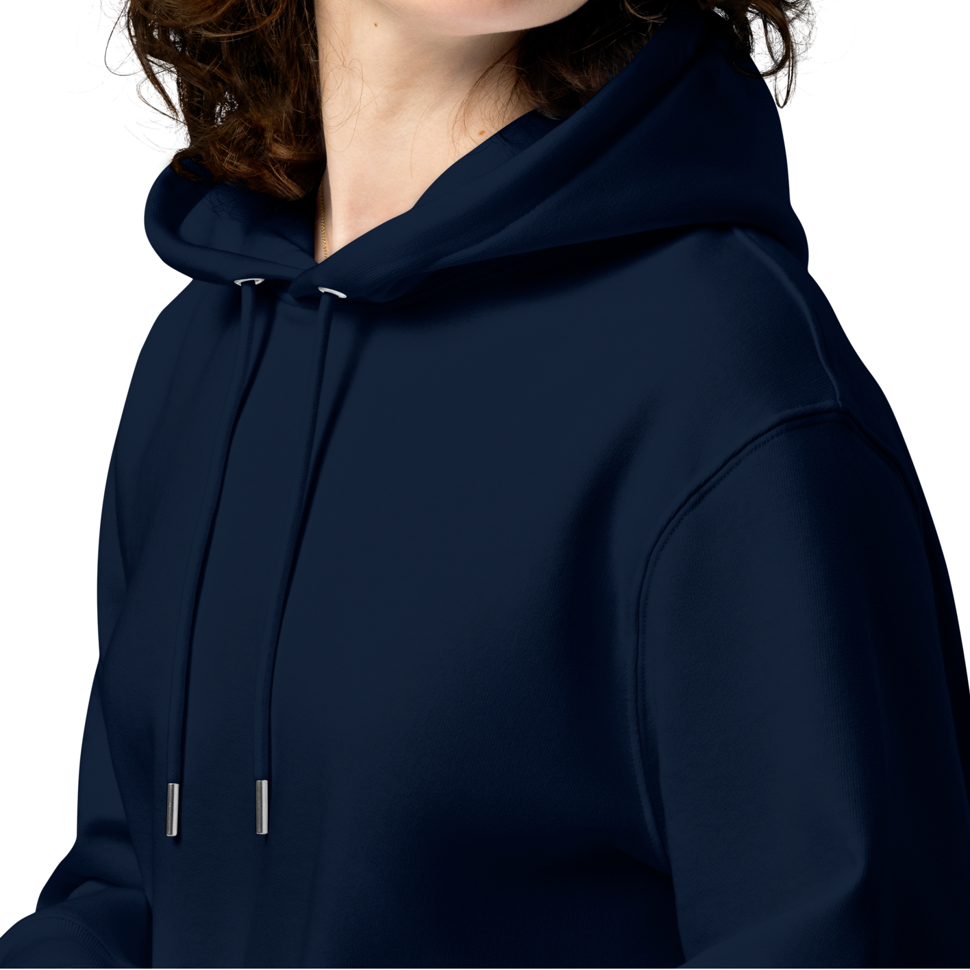 Person wearing a navy-blue certified swim parents' organic hoodie on a white background
