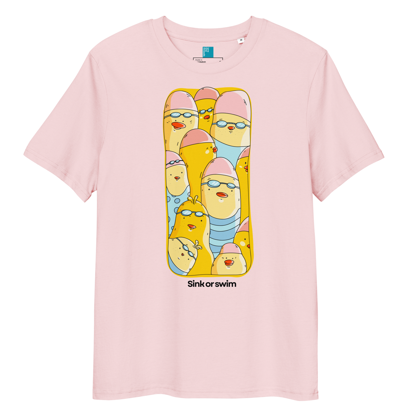 A light pink short-sleeve crewneck organic cotton t-shirt featuring a large graphic print of cartoon yellow birds wearing pink swim caps and goggles, with the text 'Sink or swim' printed below the graphic.