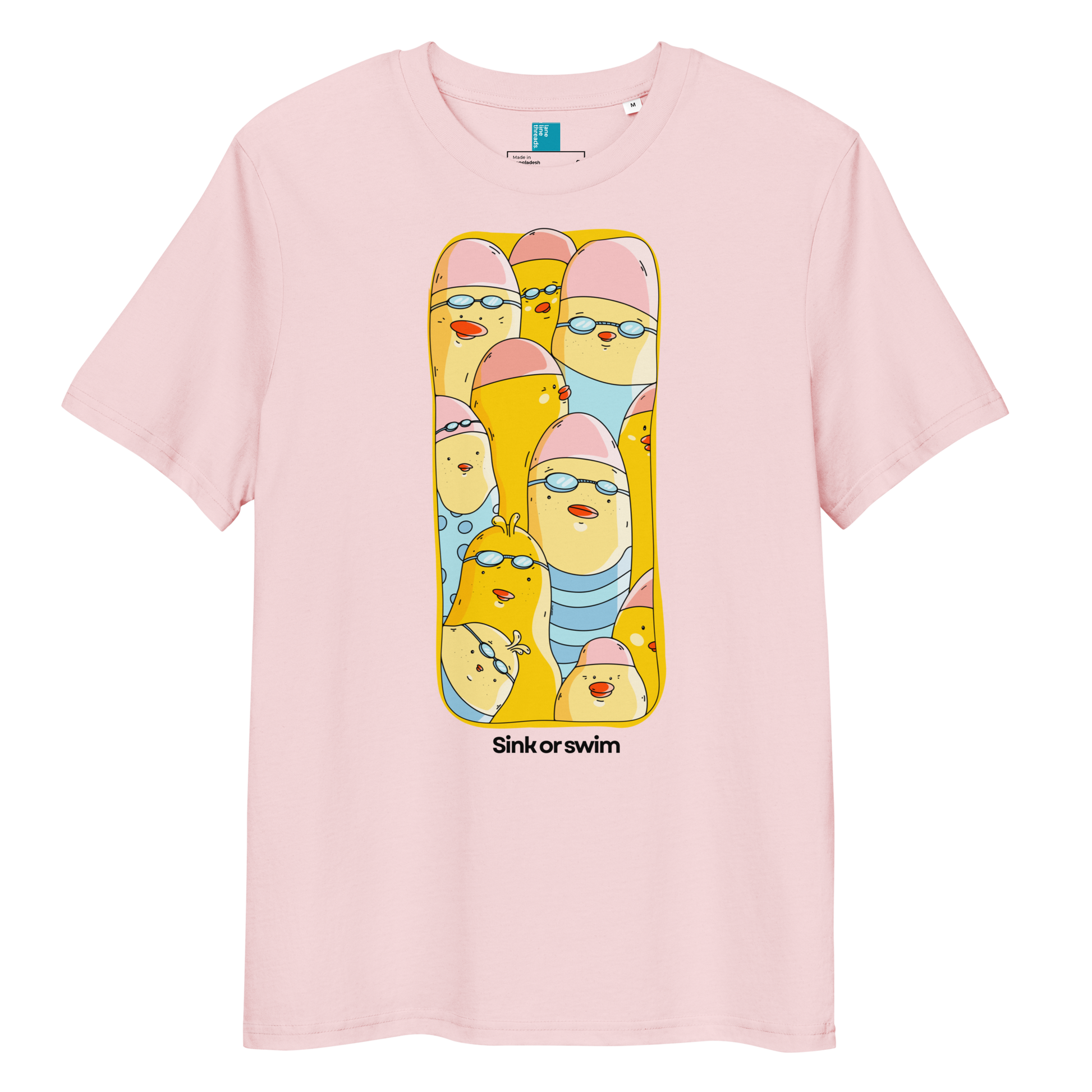 A light pink short-sleeve crewneck organic cotton t-shirt featuring a large graphic print of cartoon yellow birds wearing pink swim caps and goggles, with the text 'Sink or swim' printed below the graphic.