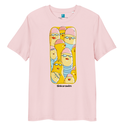 A light pink short-sleeve crewneck organic cotton t-shirt featuring a large graphic print of cartoon yellow birds wearing pink swim caps and goggles, with the text 'Sink or swim' printed below the graphic.