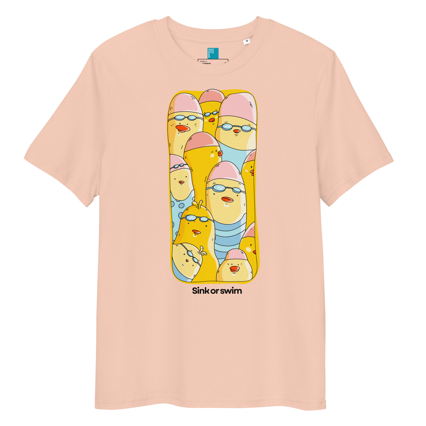 A light peach-pink short-sleeve organic cotton t-shirt with a central graphic of cartoon yellow birds wearing pink swim caps and blue swim trunks, with the text 'Sink or swim' printed below the graphic.
