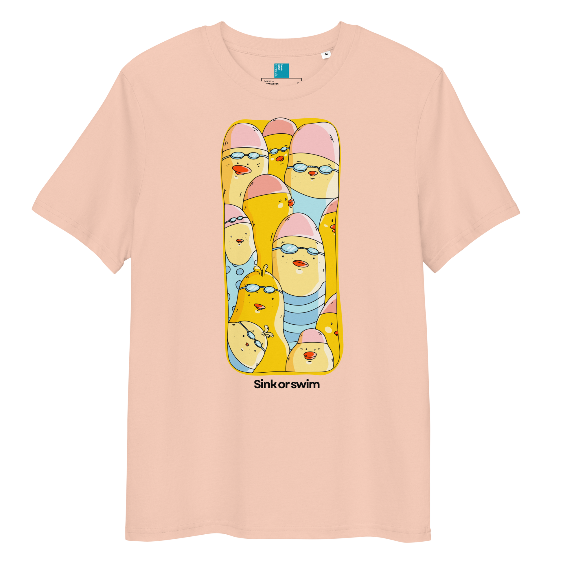 A light peach-pink short-sleeve organic cotton t-shirt with a central graphic of cartoon yellow birds wearing pink swim caps and blue swim trunks, with the text 'Sink or swim' printed below the graphic.