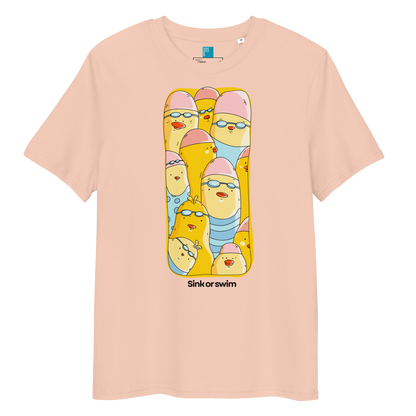 A light peach-pink short-sleeve organic cotton t-shirt with a central graphic of cartoon yellow birds wearing pink swim caps and blue swim trunks, with the text 'Sink or swim' printed below the graphic.