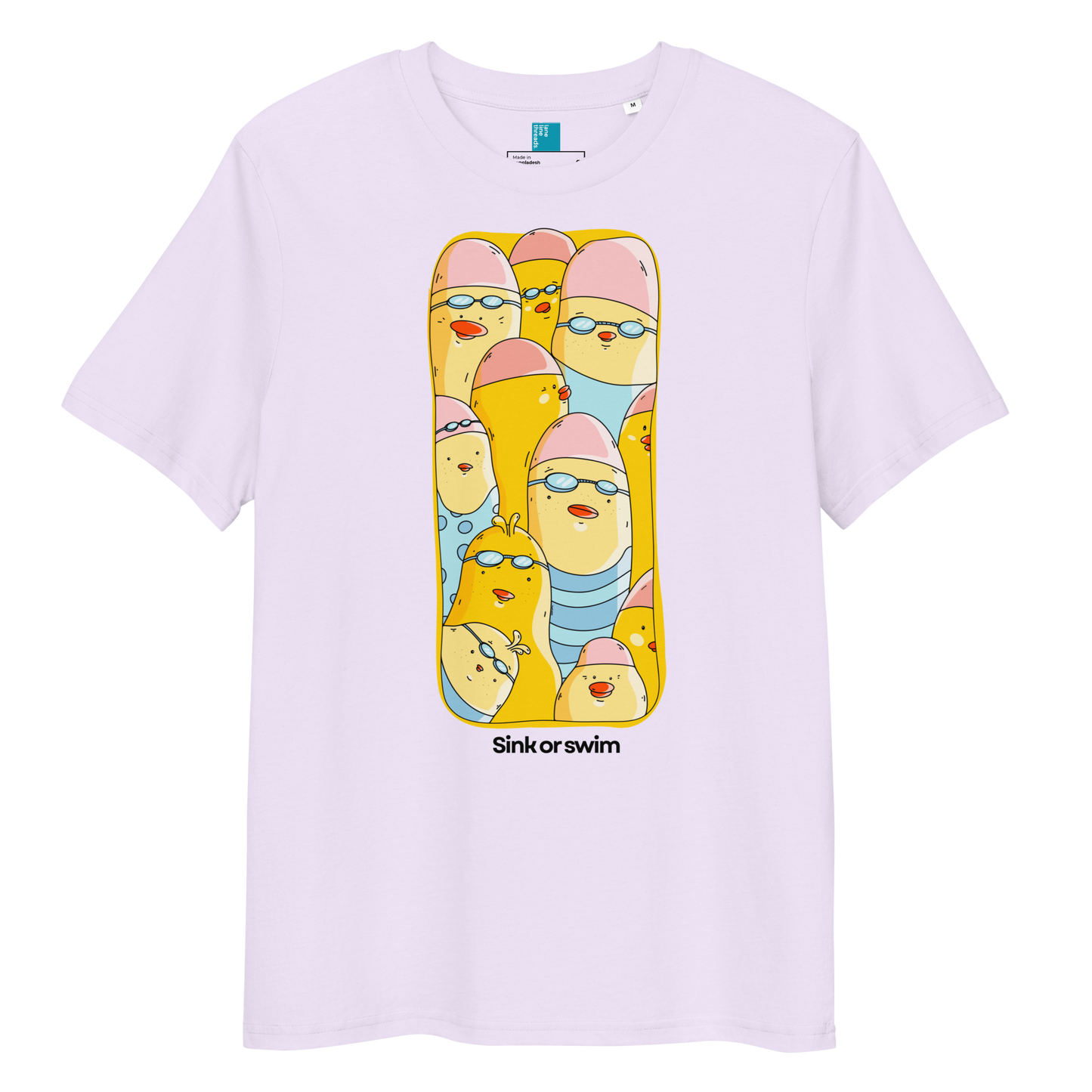 A light lavender crewneck organic cotton t-shirt featuring a colorful cartoon graphic of yellow ducklings wearing pink swim caps and blue swim goggles, with the text 'Sink or swim' printed below the graphic.