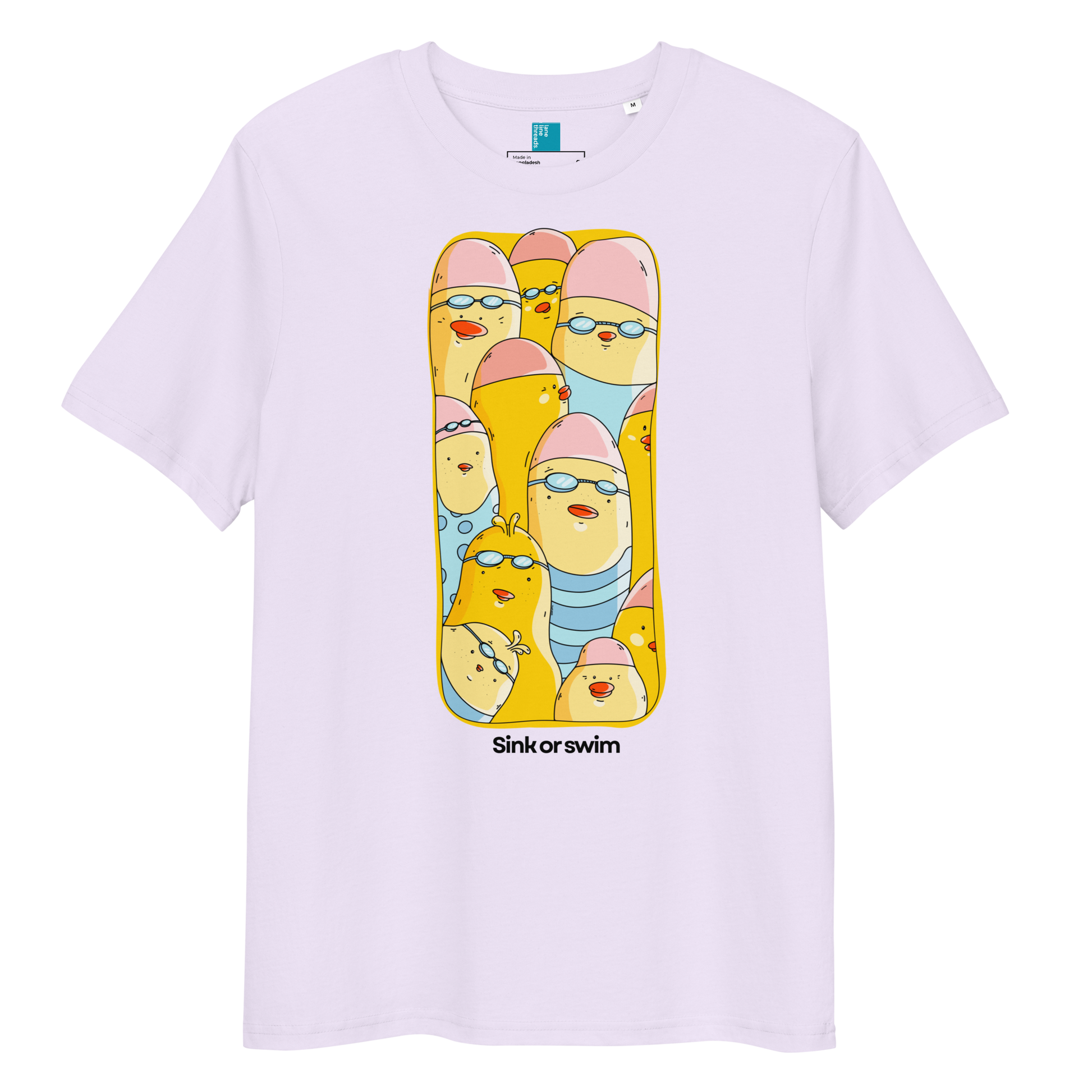 A light lavender crewneck organic cotton t-shirt featuring a colorful cartoon graphic of yellow ducklings wearing pink swim caps and blue swim goggles, with the text 'Sink or swim' printed below the graphic.