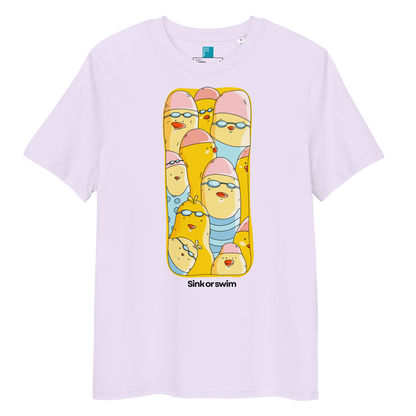 A light lavender crewneck organic cotton t-shirt featuring a colorful cartoon graphic of yellow ducklings wearing pink swim caps and blue swim goggles, with the text 'Sink or swim' printed below the graphic.