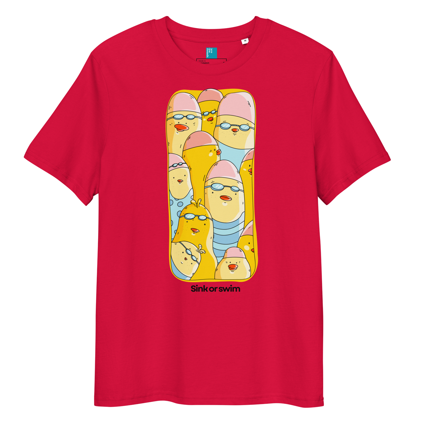 A bright red short-sleeve crewneck organic cotton t-shirt featuring a large graphic print of cartoon yellow birds wearing pink and light blue swimwear, with the text 'Sink or swim' printed below the graphic.