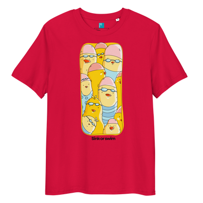 A bright red short-sleeve crewneck organic cotton t-shirt featuring a large graphic print of cartoon yellow birds wearing pink and light blue swimwear, with the text 'Sink or swim' printed below the graphic.
