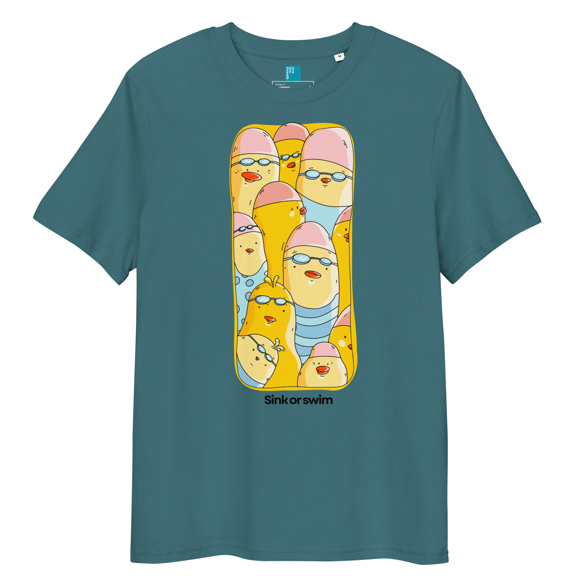A teal blue short-sleeve organic cotton t-shirt with a large graphic print of cartoon yellow birds wearing pink swim caps and sunglasses inside a vertical frame. The text 'Sink or swim' is printed below the graphic.