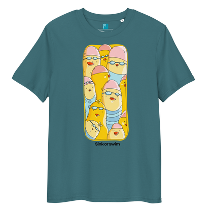 A teal blue short-sleeve organic cotton t-shirt with a large graphic print of cartoon yellow birds wearing pink swim caps and sunglasses inside a vertical frame. The text 'Sink or swim' is printed below the graphic.