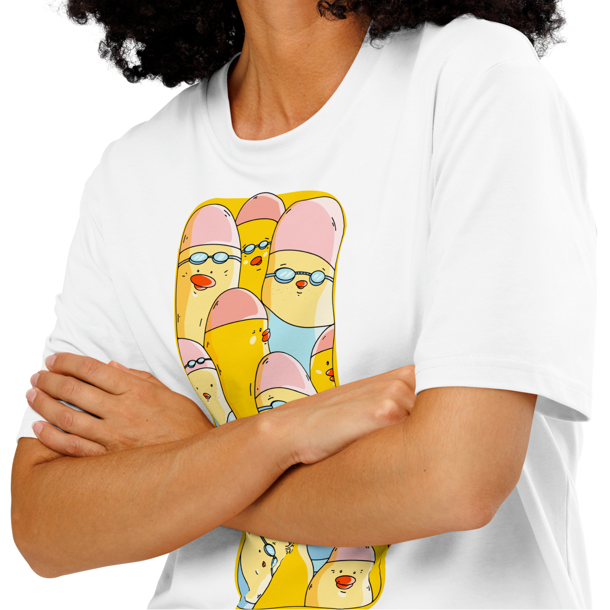 A smiling woman with curly black hair wearing an organic cotton t-shirt white Lane Line Threads tee with colorful Sink or Swim cartoon swimmers in caps and goggles graphic, set against a plain white background.