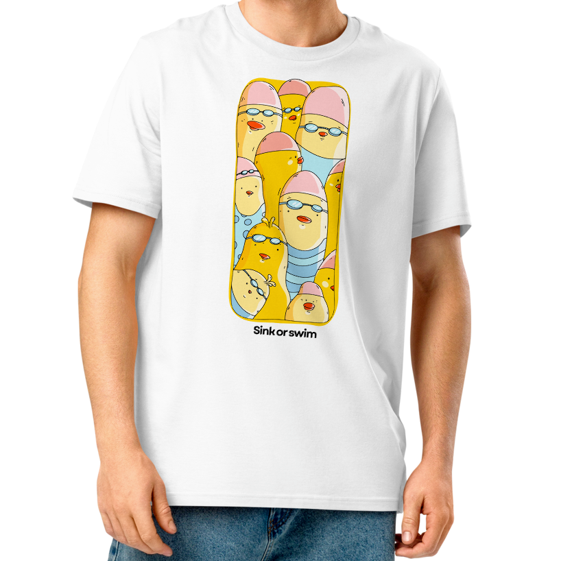 A man wearing a white crewneck organic cotton t-shirt with a colorful graphic print of cartoon swimmers, paired with blue jeans and white sneakers, standing against a plain white background.
