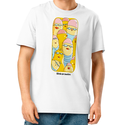 A man wearing a white crewneck organic cotton t-shirt with a colorful graphic print of cartoon swimmers, paired with blue jeans and white sneakers, standing against a plain white background.