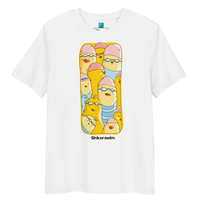 A white organic cotton t-shirt short-sleeve crewneck t-shirt featuring a colorful graphic print of cartoon characters in swimwear inside a yellow rounded rectangle, with the text 'Sink or swim' printed below.