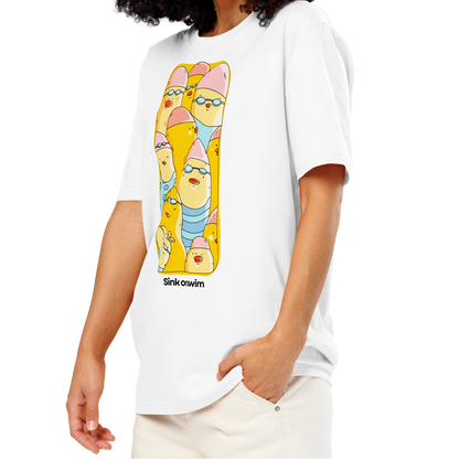 A woman with curly black hair wearing an organic cotton t-shirt white Lane Line Threads tee with colorful Sink or Swim cartoon swimmers in caps and goggles graphic.