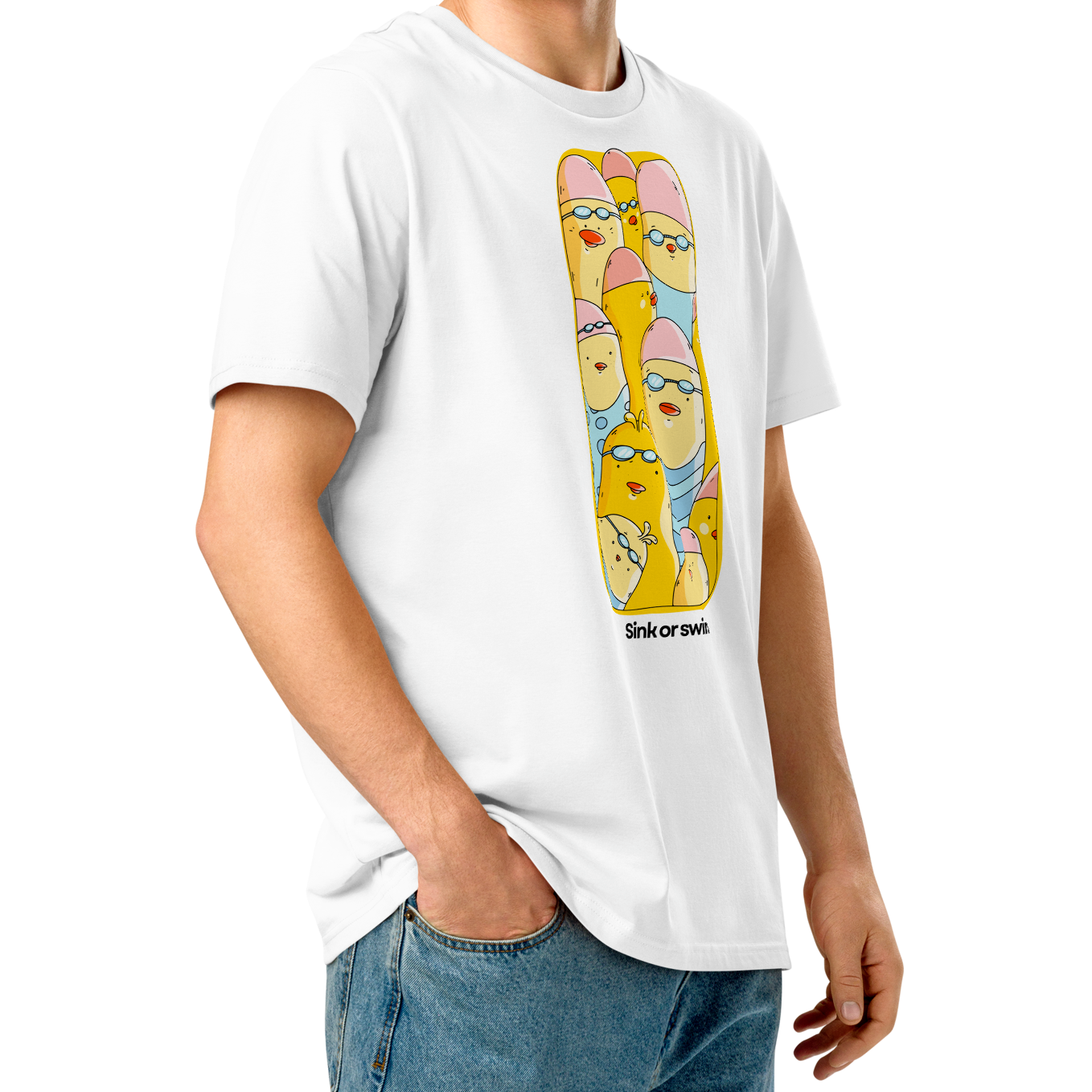 A young man with curly brown hair wearing an organic cotton t-shirt white Lane Line Threads tee with colorful Sink or Swim cartoon swimmers in caps and goggles graphic and blue jeans, standing against a solid white background.