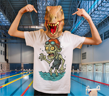 Person wearing an funny Halloween swim shirt with a pool zombie graphic design in an indoor swimming pool setting
