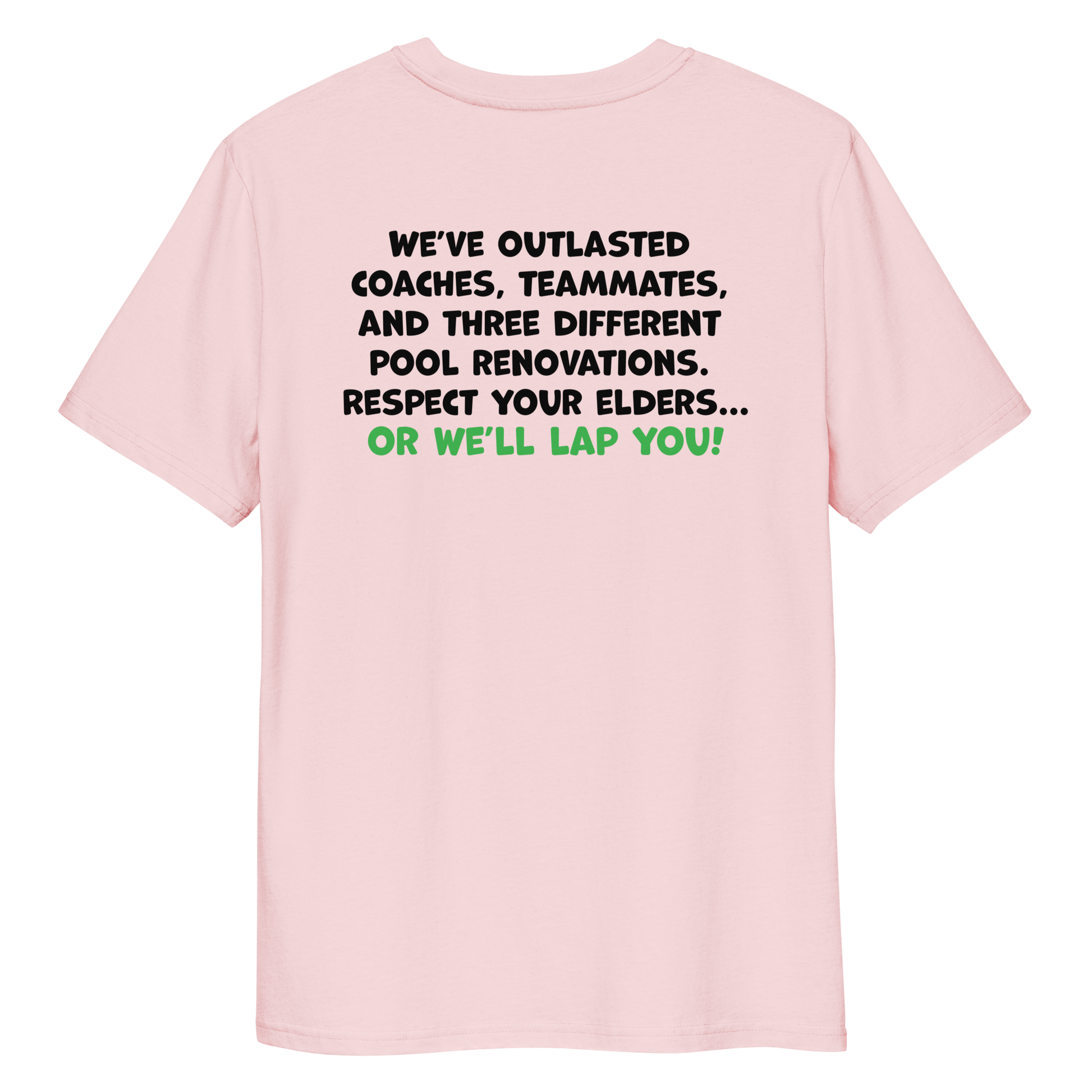 Pink funny Halloween swim shirt with humorous text on a white background