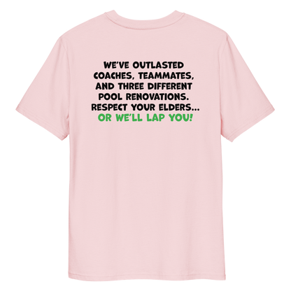 Pink funny Halloween swim shirt with humorous text on a white background