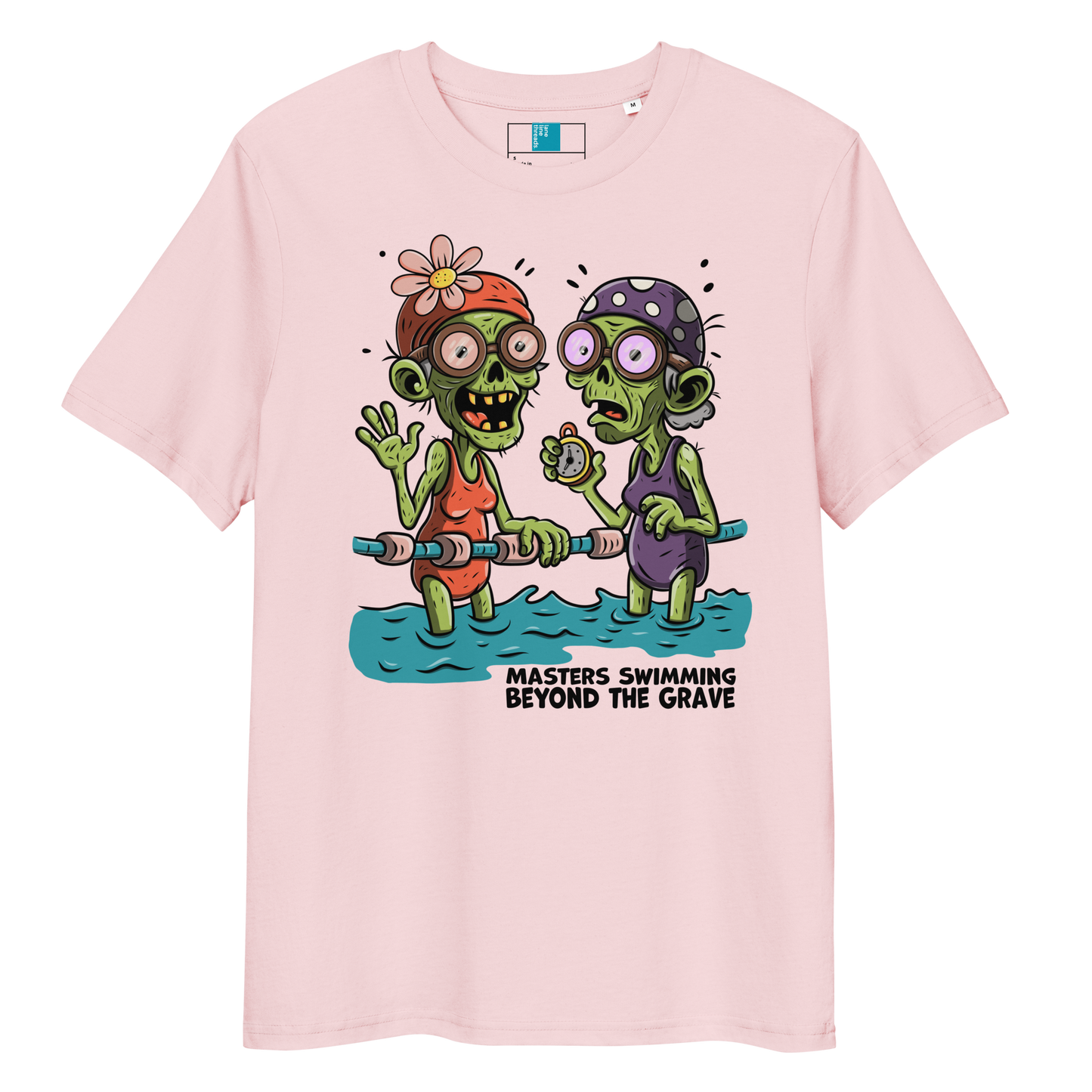 Pink organic cotton funny Halloween swim shirt with cartoon zombie female Masters swimmers holding lane line, text reads ‘Masters Swimming Beyond the Grave