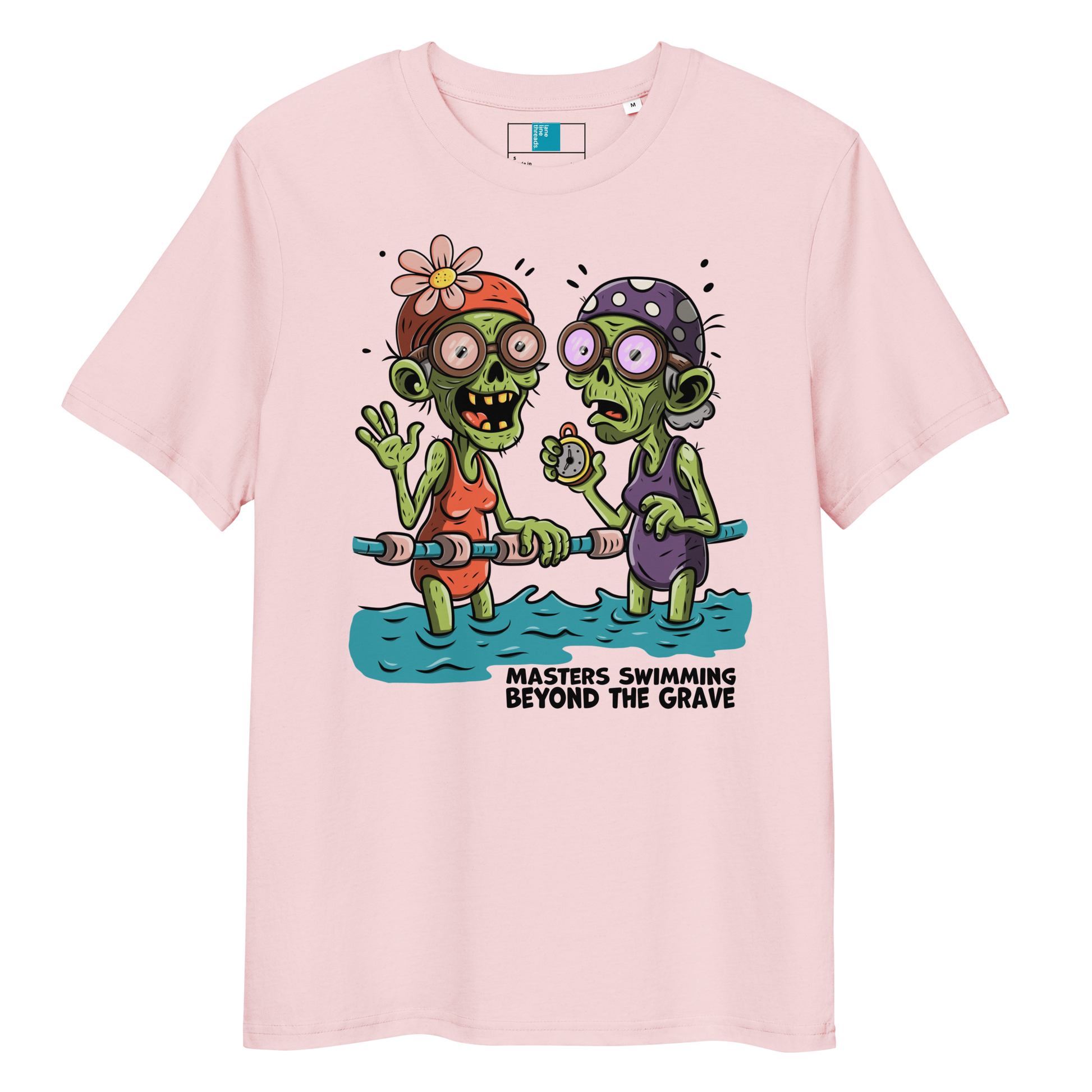 Pink organic cotton funny Halloween swim shirt with cartoon zombie female Masters swimmers holding lane line, text reads ‘Masters Swimming Beyond the Grave