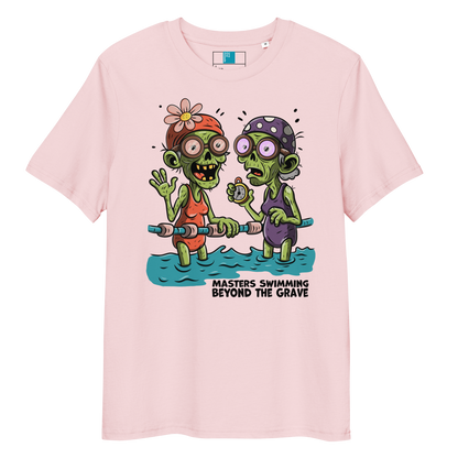 Pink organic cotton funny Halloween swim shirt with cartoon zombie female Masters swimmers holding lane line, text reads ‘Masters Swimming Beyond the Grave