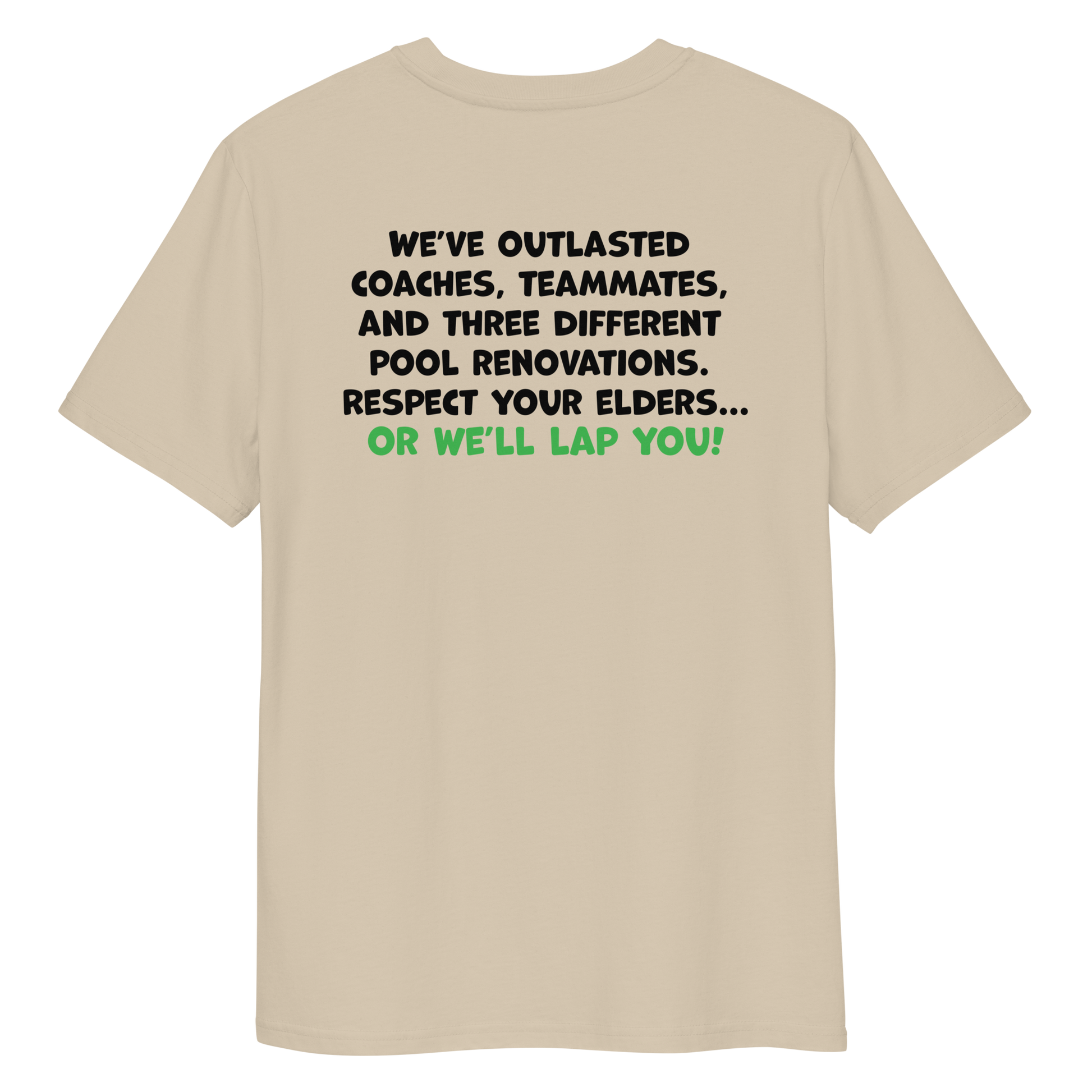 Beige funny Halloween swim shirt with humorous text on a white background
