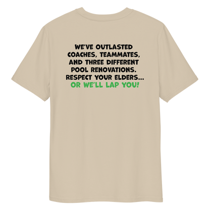 Beige funny Halloween swim shirt with humorous text on a white background