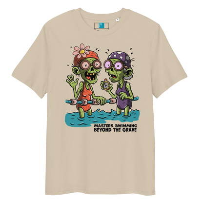Beige organic cotton funny Halloween swim shirt with cartoon zombie female Masters swimmers holding lane line, text reads ‘Masters Swimming Beyond the Grave