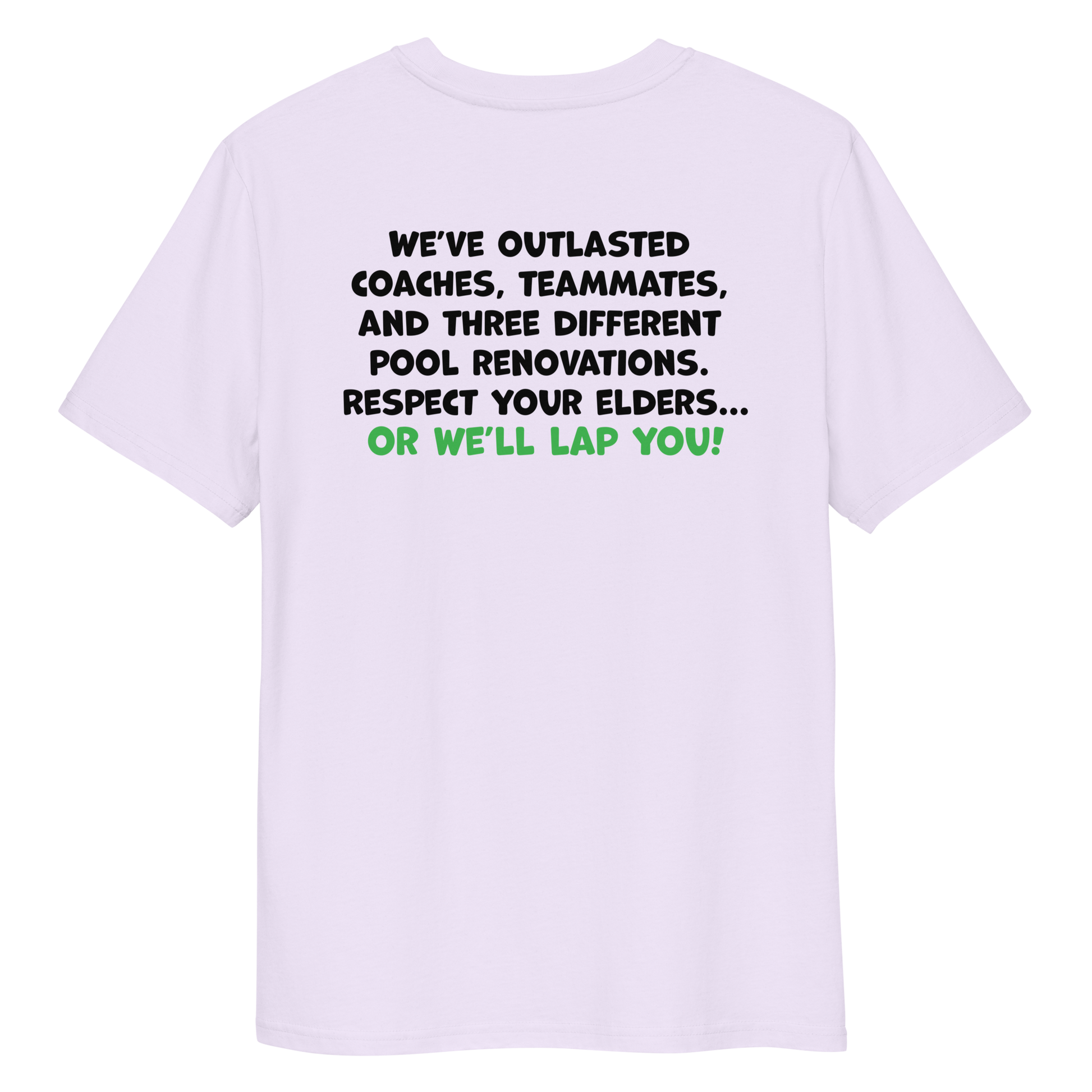 Lavender funny Halloween swim shirt with humorous text on a white background
