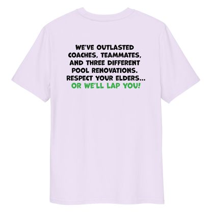 Lavender funny Halloween swim shirt with humorous text on a white background