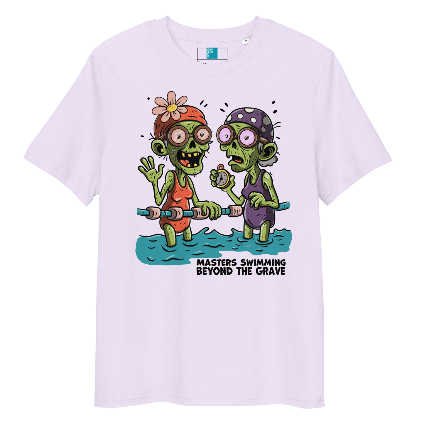 Lavender organic cotton funny Halloween swim shirt with cartoon zombie female Masters swimmers holding lane line, text reads ‘Masters Swimming Beyond the Grave