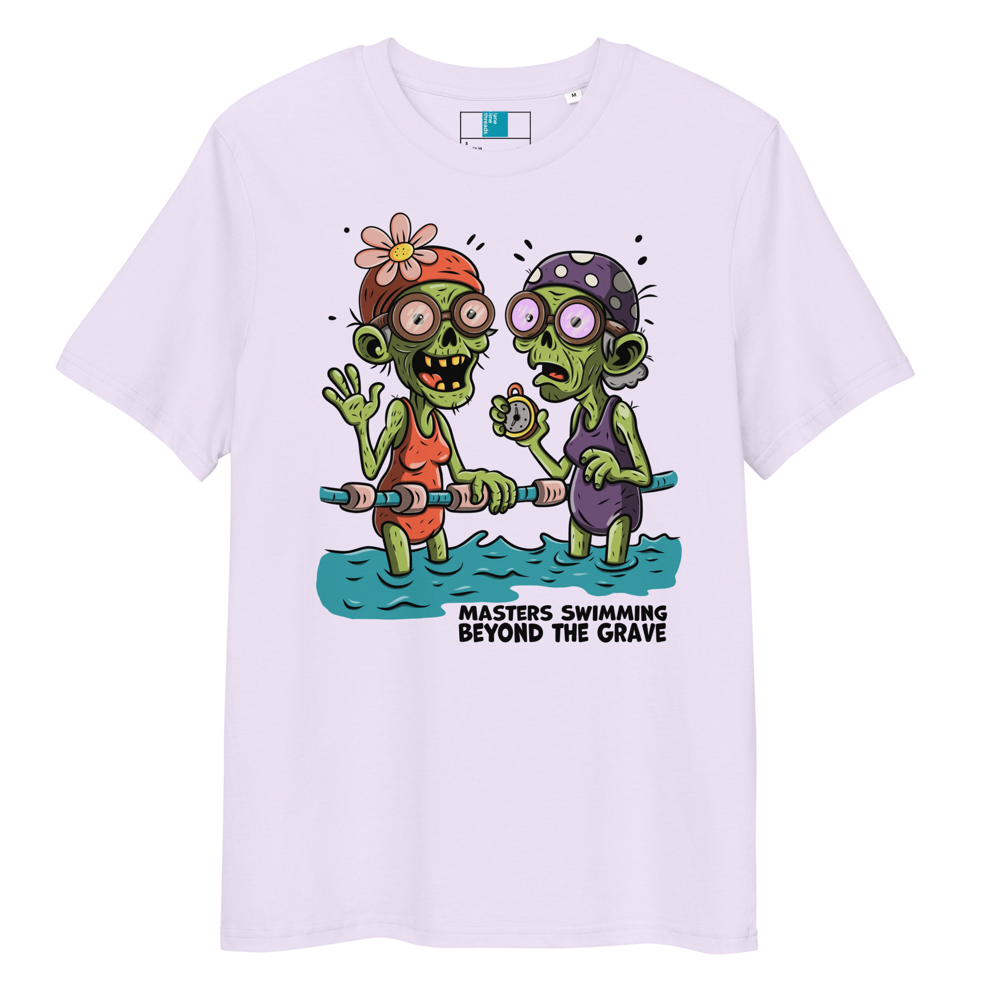 Lavender organic cotton funny Halloween swim shirt with cartoon zombie female Masters swimmers holding lane line, text reads ‘Masters Swimming Beyond the Grave