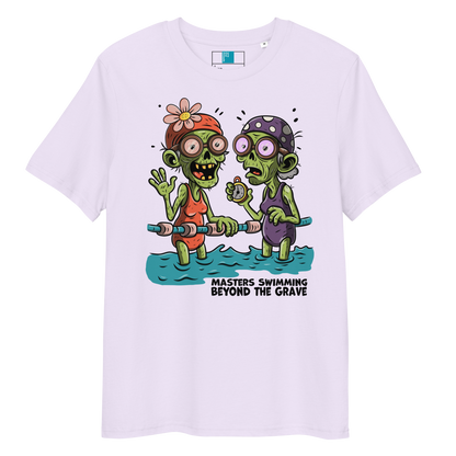 Lavender organic cotton funny Halloween swim shirt with cartoon zombie female Masters swimmers holding lane line, text reads ‘Masters Swimming Beyond the Grave