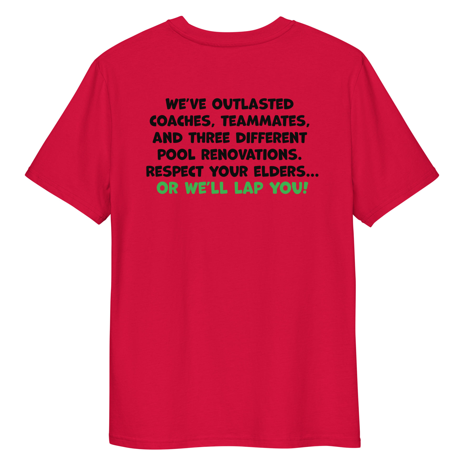 Red funny Halloween swim shirt with humorous text on the back against a white background