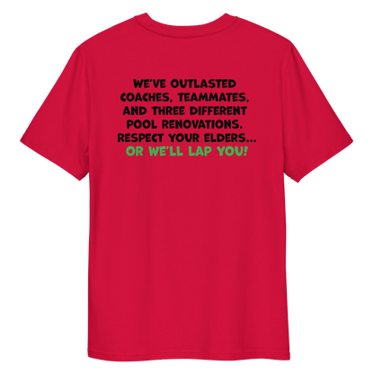 Red funny Halloween swim shirt with humorous text on the back against a white background