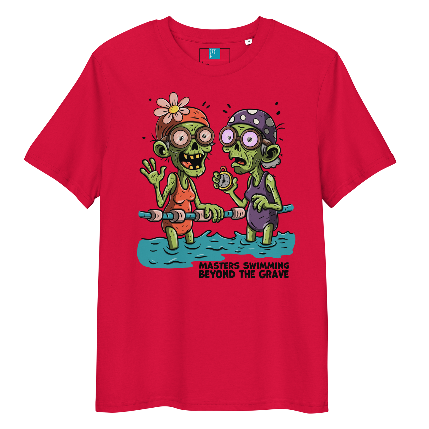 Red organic cotton funny Halloween swim shirt with cartoon zombie female Masters swimmers holding lane line, text reads ‘Masters Swimming Beyond the Grave