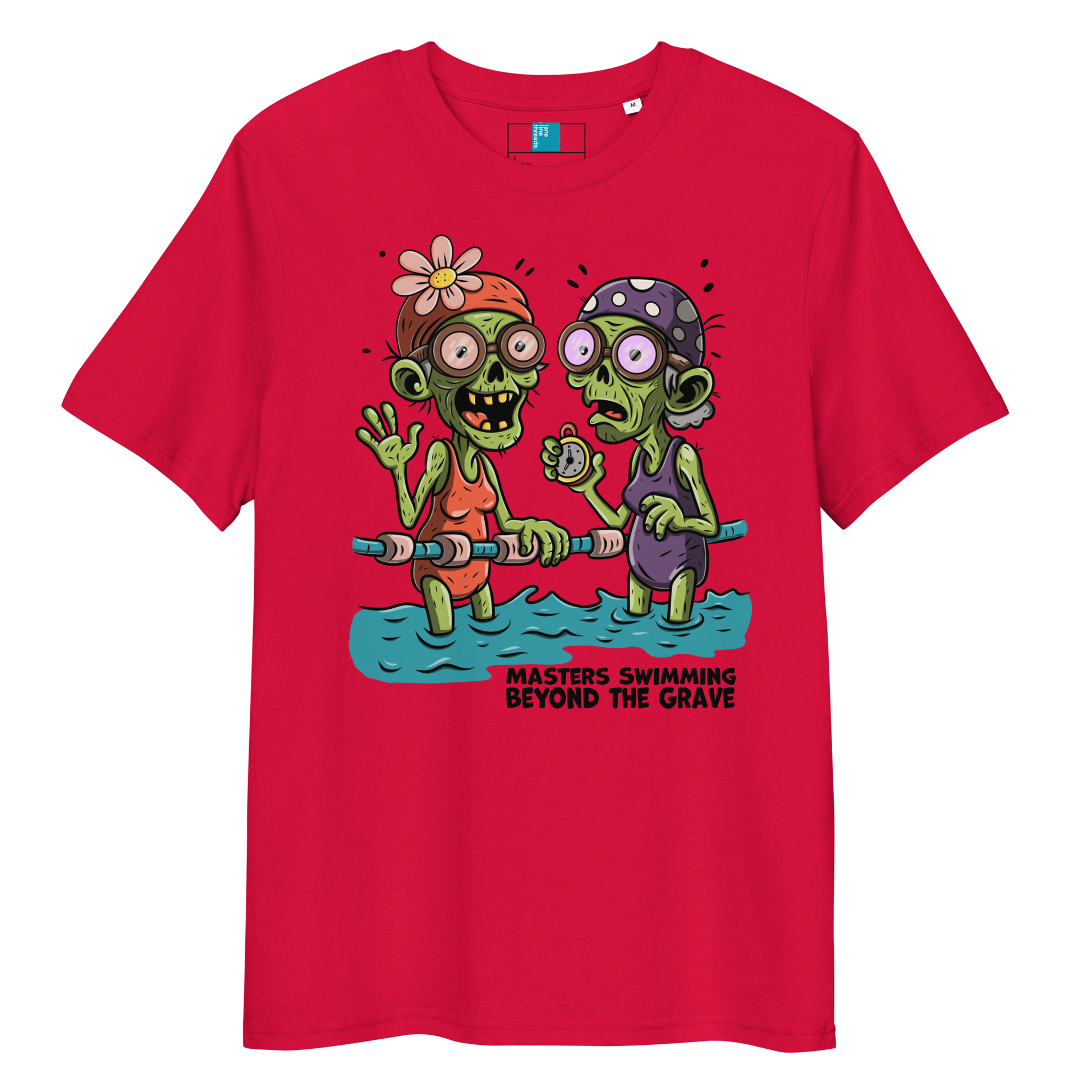 Red organic cotton funny Halloween swim shirt with cartoon zombie female Masters swimmers holding lane line, text reads ‘Masters Swimming Beyond the Grave