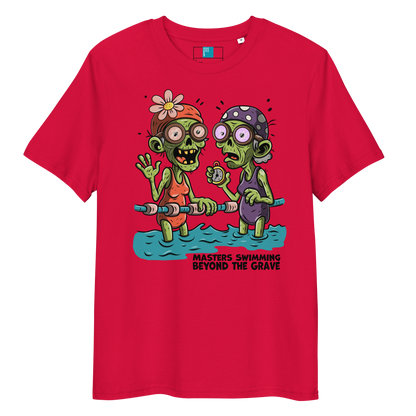 Red organic cotton funny Halloween swim shirt with cartoon zombie female Masters swimmers holding lane line, text reads ‘Masters Swimming Beyond the Grave