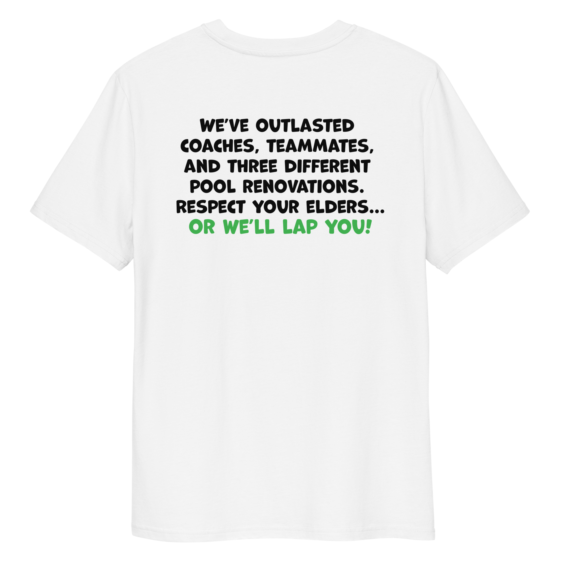 White funny Halloween swim shirt with humorous Masters swimming text design on a white background