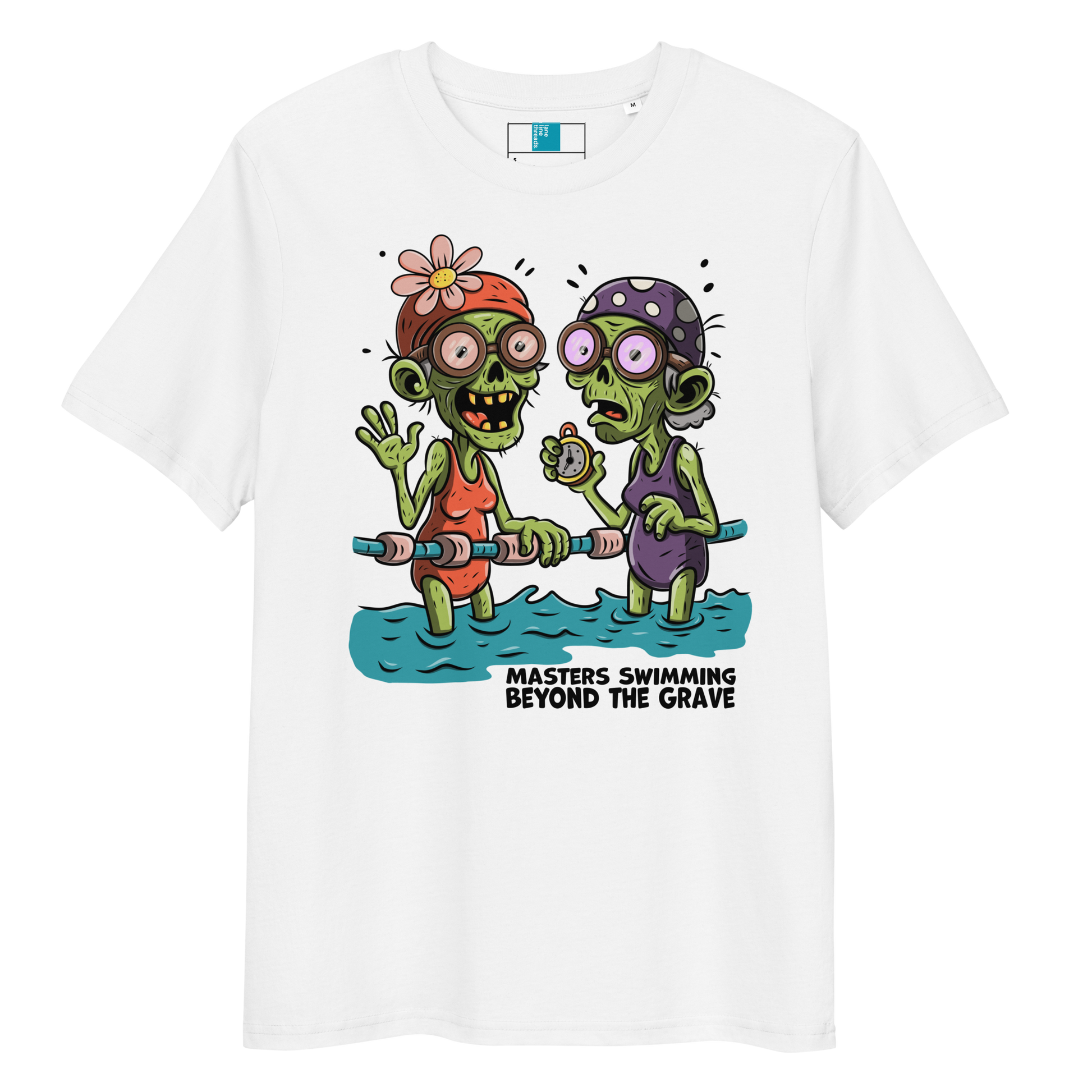 White organic cotton funny Halloween shirt with cartoon zombie female Masters swimmers holding lane line, text reads ‘Masters Swimming Beyond the Grave’