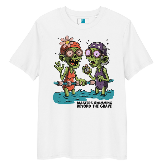 White organic cotton funny Halloween shirt with cartoon zombie female Masters swimmers holding lane line, text reads ‘Masters Swimming Beyond the Grave’