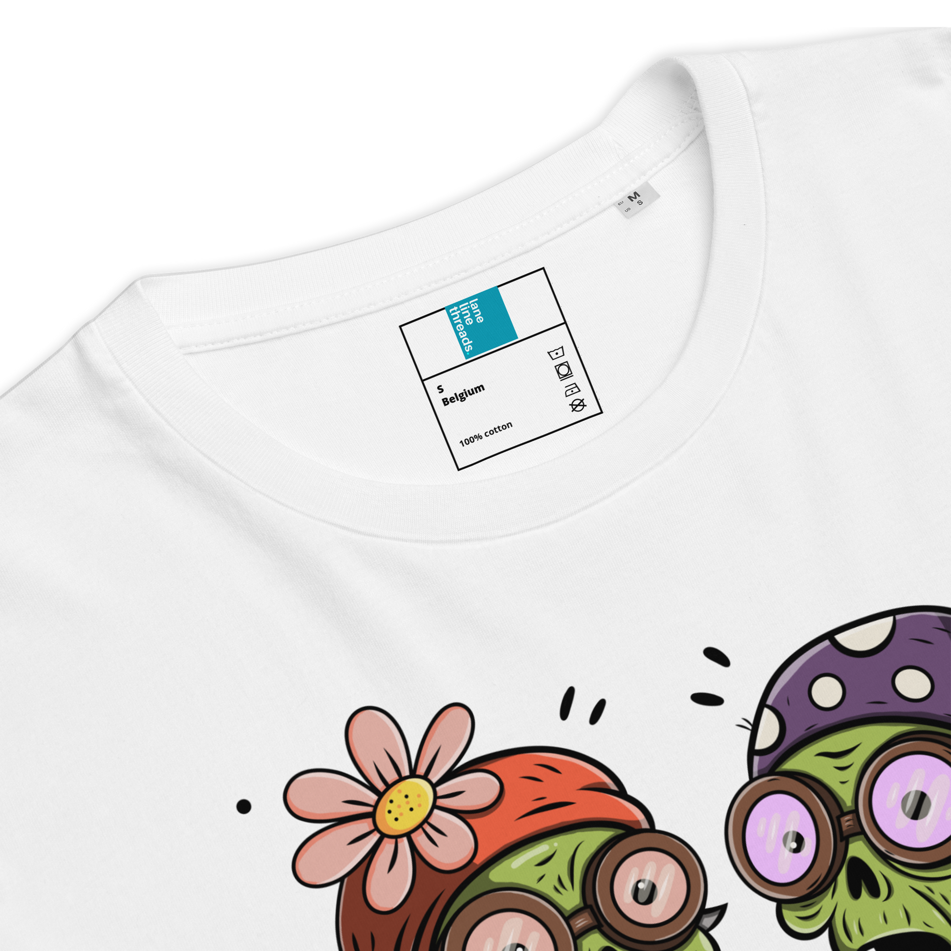 White funny Halloween swim shirt with cartoon characters and a visible Lane Line Threads label on a white background