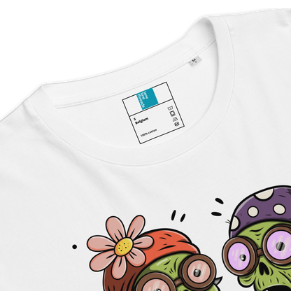 White funny Halloween swim shirt with cartoon characters and a visible Lane Line Threads label on a white background