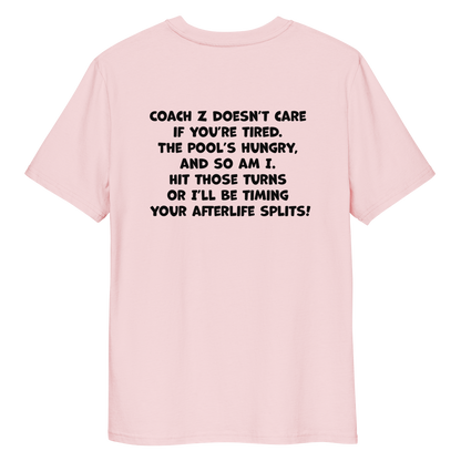 Pink funny Halloween swimming coach shirt with humorous text on a white background